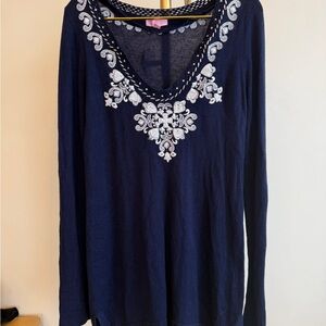 Lilly Pulitzer Navy Blue Top/Sweater/Cover up with White Embroidery